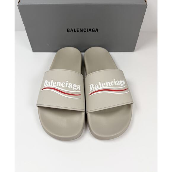 Size 8 - Balenciaga Beige Pool Campaign Logo Sandals NEW!